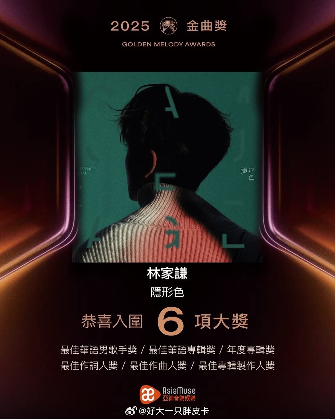 林家谦首张国语专辑《隐形色》提名第36届台湾金曲奖其中六项大奖 🎉最佳华语专辑