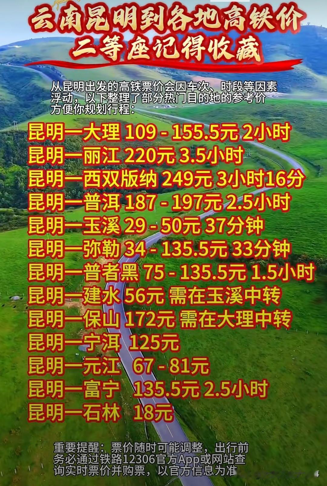 🚅昆明到省内各地的高铁票价，极具收藏价值！
以昆明到大理为例，二等座票价通常在