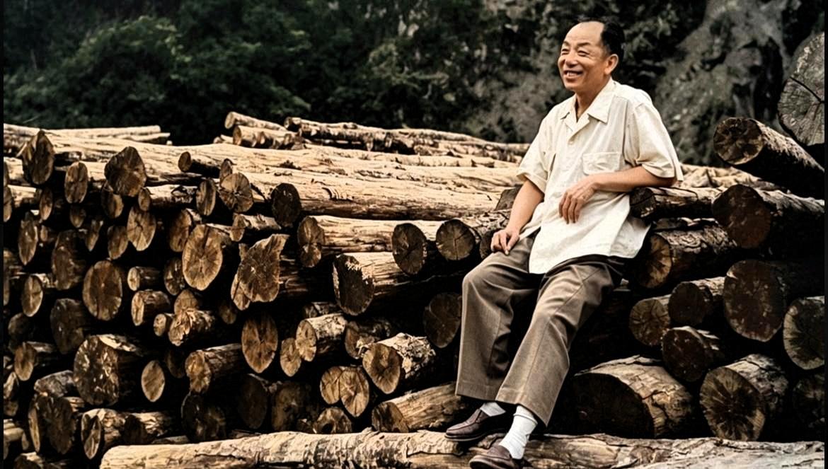 1957年，身处台湾井上温泉长期幽禁的张学良，在林场原木堆旁留下了一张开怀大笑的