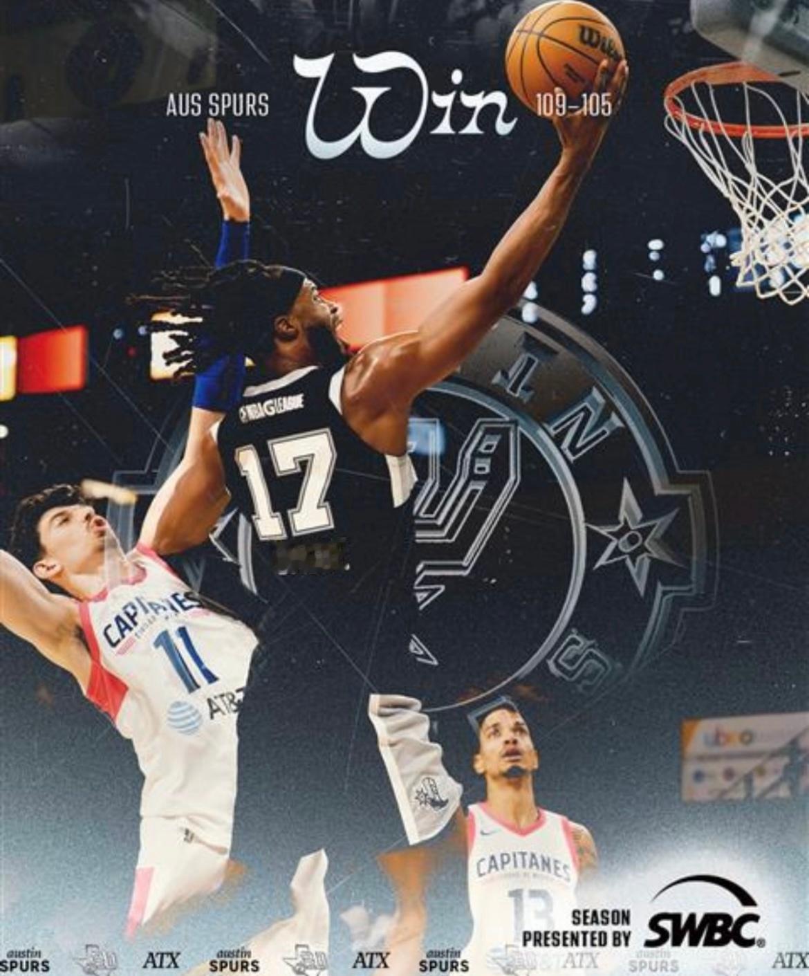 奥斯汀马刺今天主场109-105险胜墨西哥城船长队，结束两连败奥斯汀马刺:乌姆德