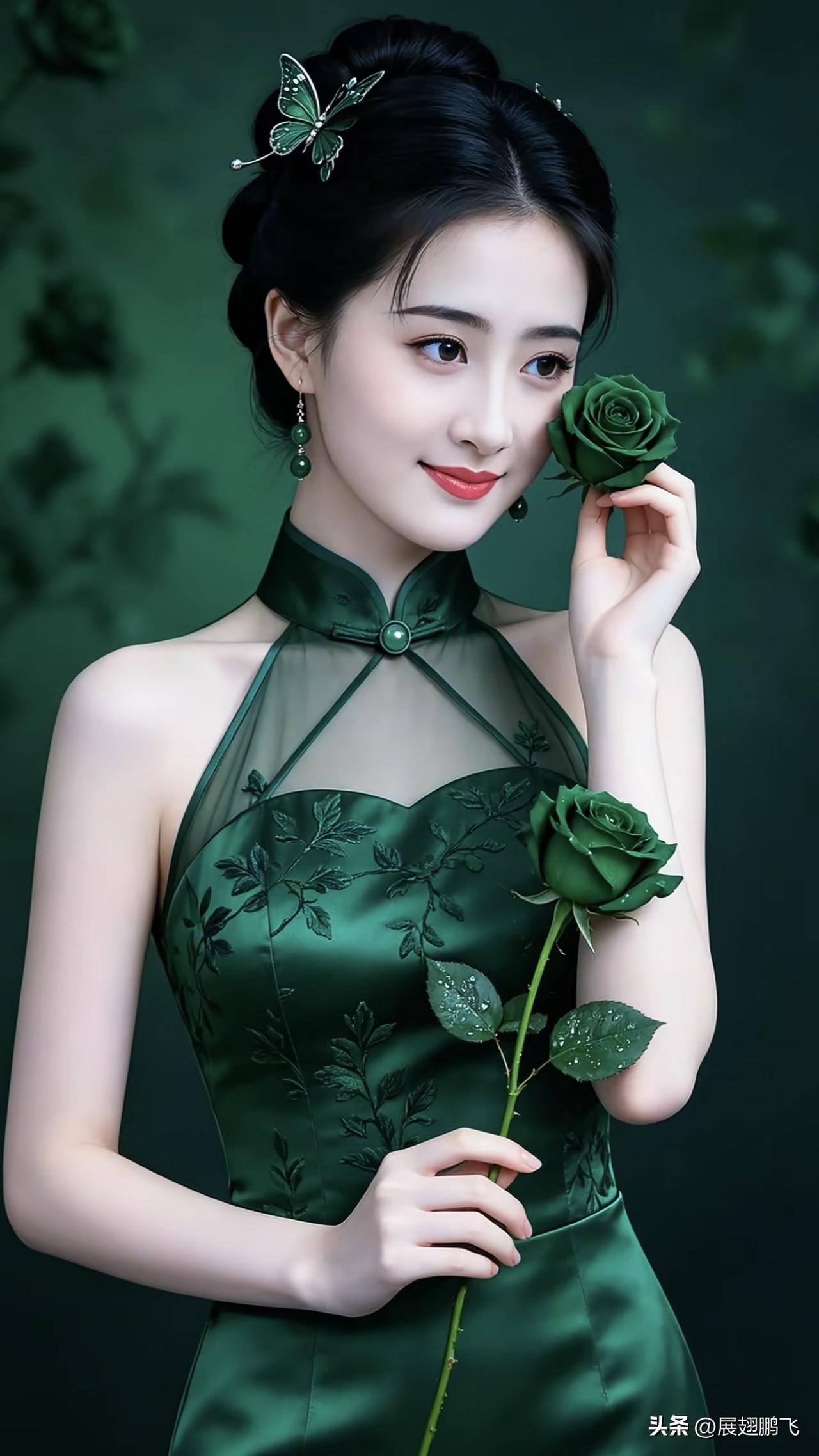 优雅绿衣少女，手捧玫瑰，气质如兰。绿裙美人 玫瑰红装美女 玫瑰红裙少女 紫玫瑰长