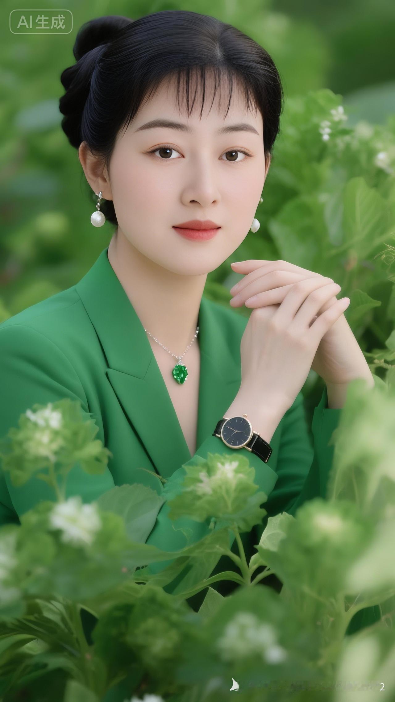 她身着的绿衣，像是把森林的清新穿在了身上，是自然与时尚的完美结合。有时候，一件契