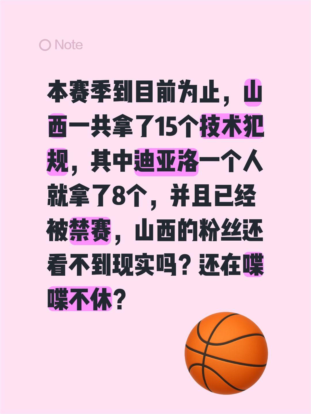 本赛季到目前为止，山西一共拿了15个技术犯规，其中迪亚洛一个人就拿了8个，并且已
