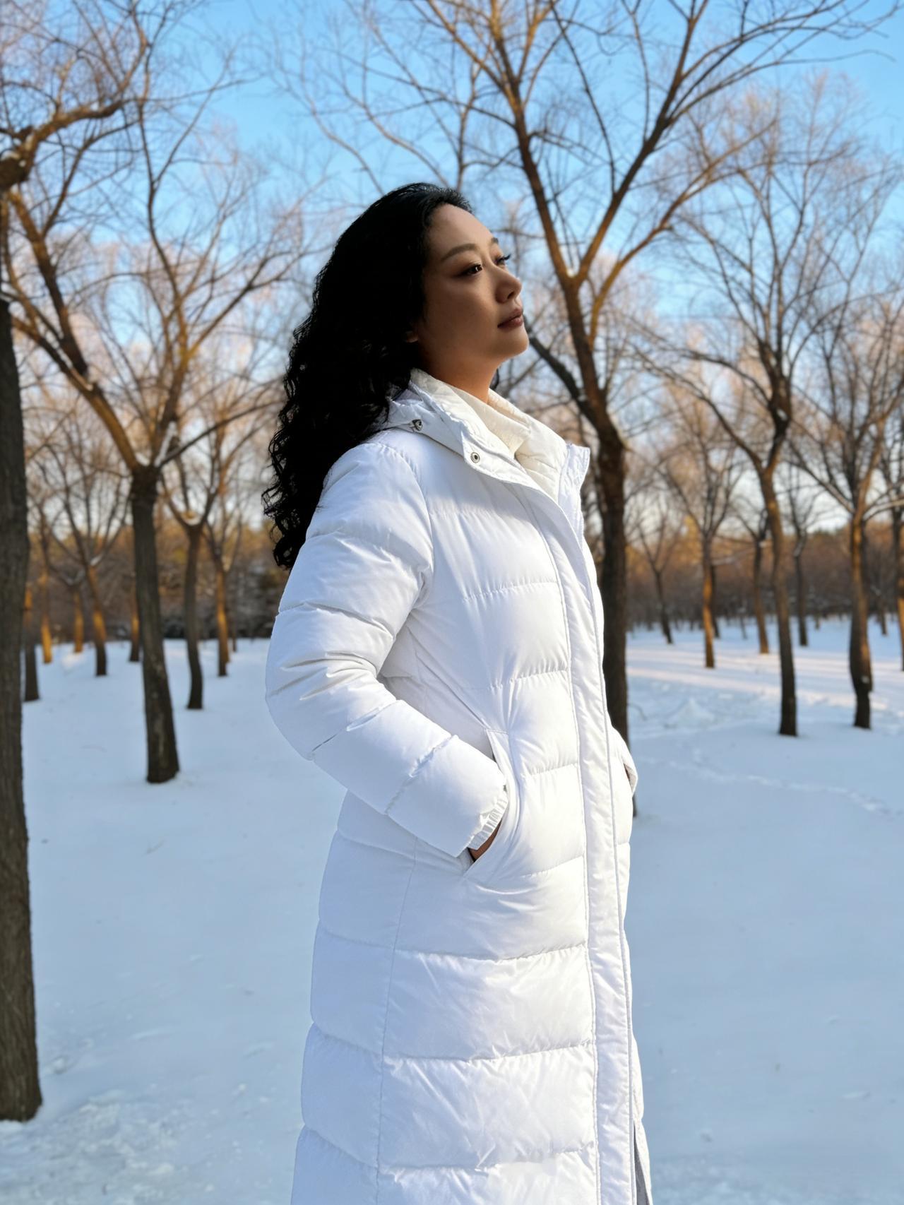 雪满郊原晓色清，佳人素氅立寒坪。
昂首欲共霜天语，一缕英风动玉京。