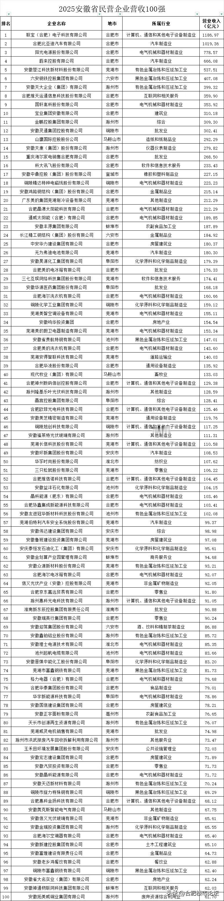 安徽2025年民营企业营收前100都企业。这个里面有不少大家耳熟能详的，第一的是