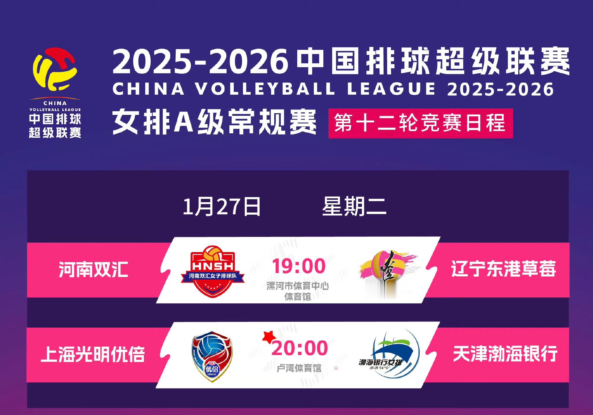 2025-2026中国女排超级联赛 今天晚上女排联赛第十二轮赛程：（理论上应该好