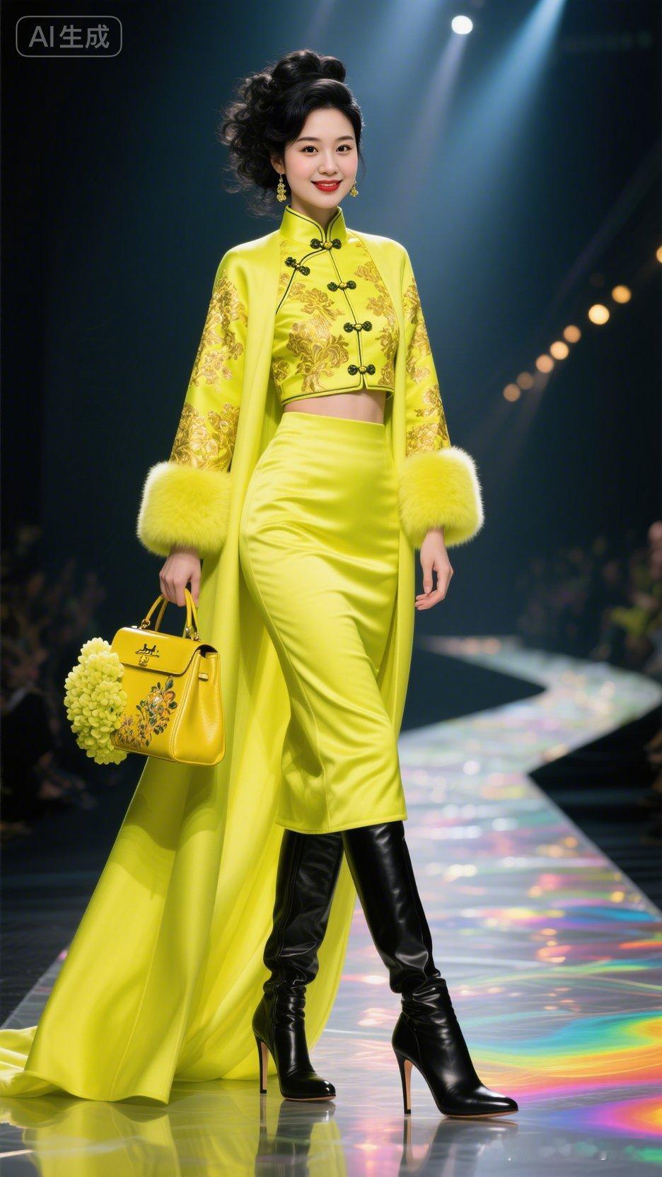 惊艳亮相！亮黄色旗袍裙搭配黑色长靴，尽显东方魅力！💃🏻💃🏻