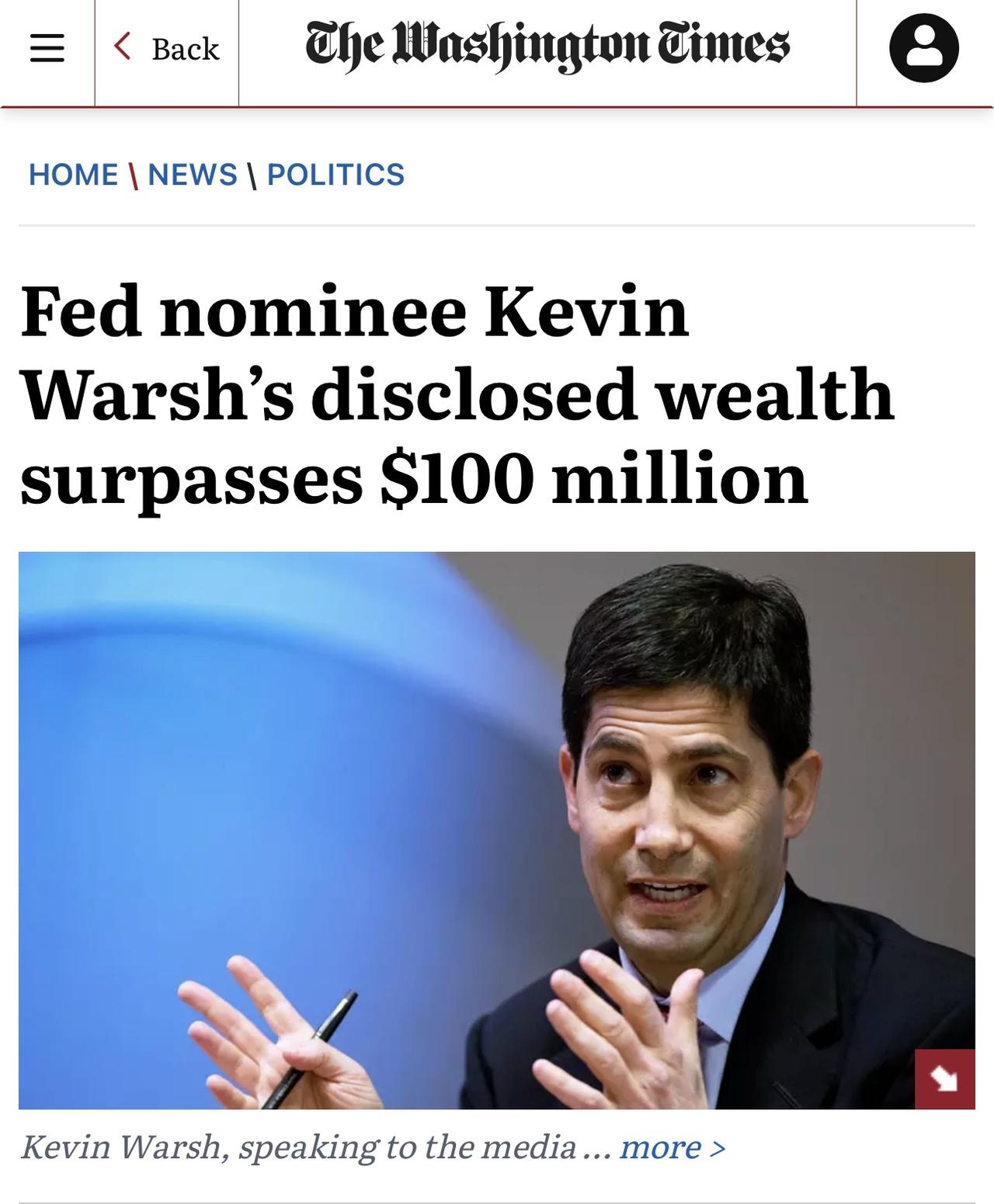 特朗普提名接替美联储主席杰罗姆·鲍威尔的候选人凯尔文.沃什提交了财务申报文件，显