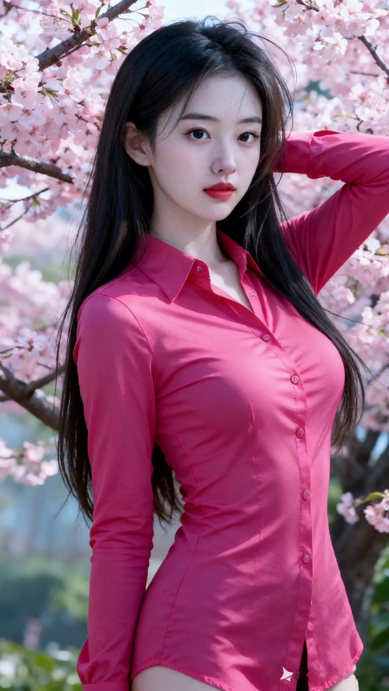 粉衣美人倚花枝，春风拂面笑语迟。