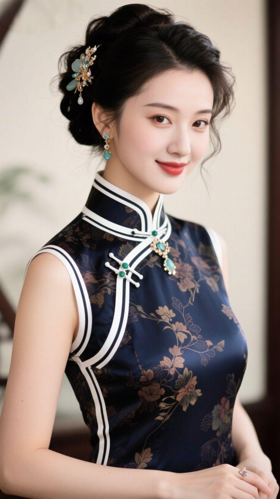 《庭光里的藏袍雅》
 
庭风裹着浅暖的光漫过窗沿，她立在室内，藏青旗袍如轻漾的墨