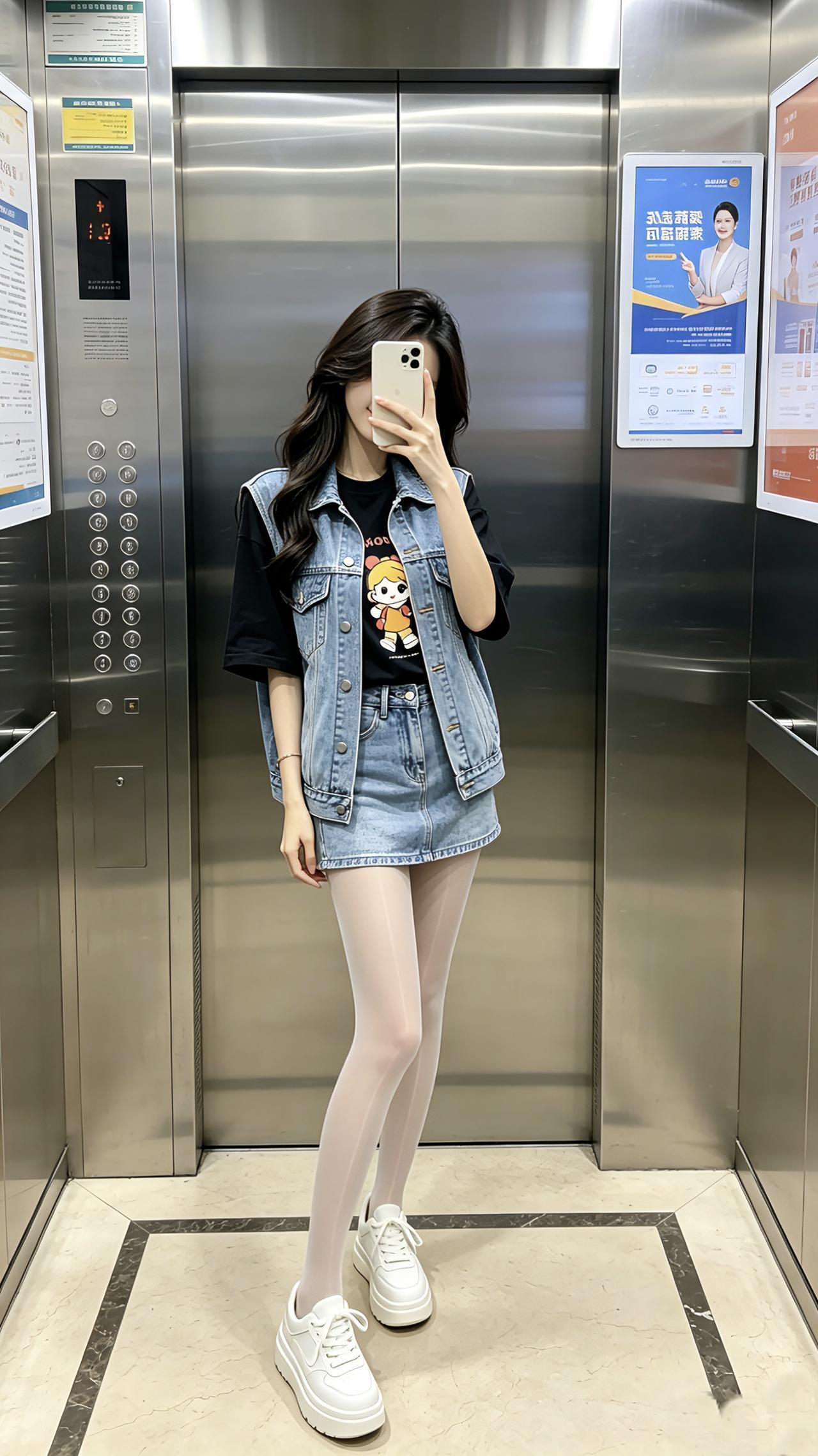 这种减龄不幼稚的甜飒风你们爱了吗？电梯间里，牛仔马甲+短裙裹着潮酷的松弛，卡通T