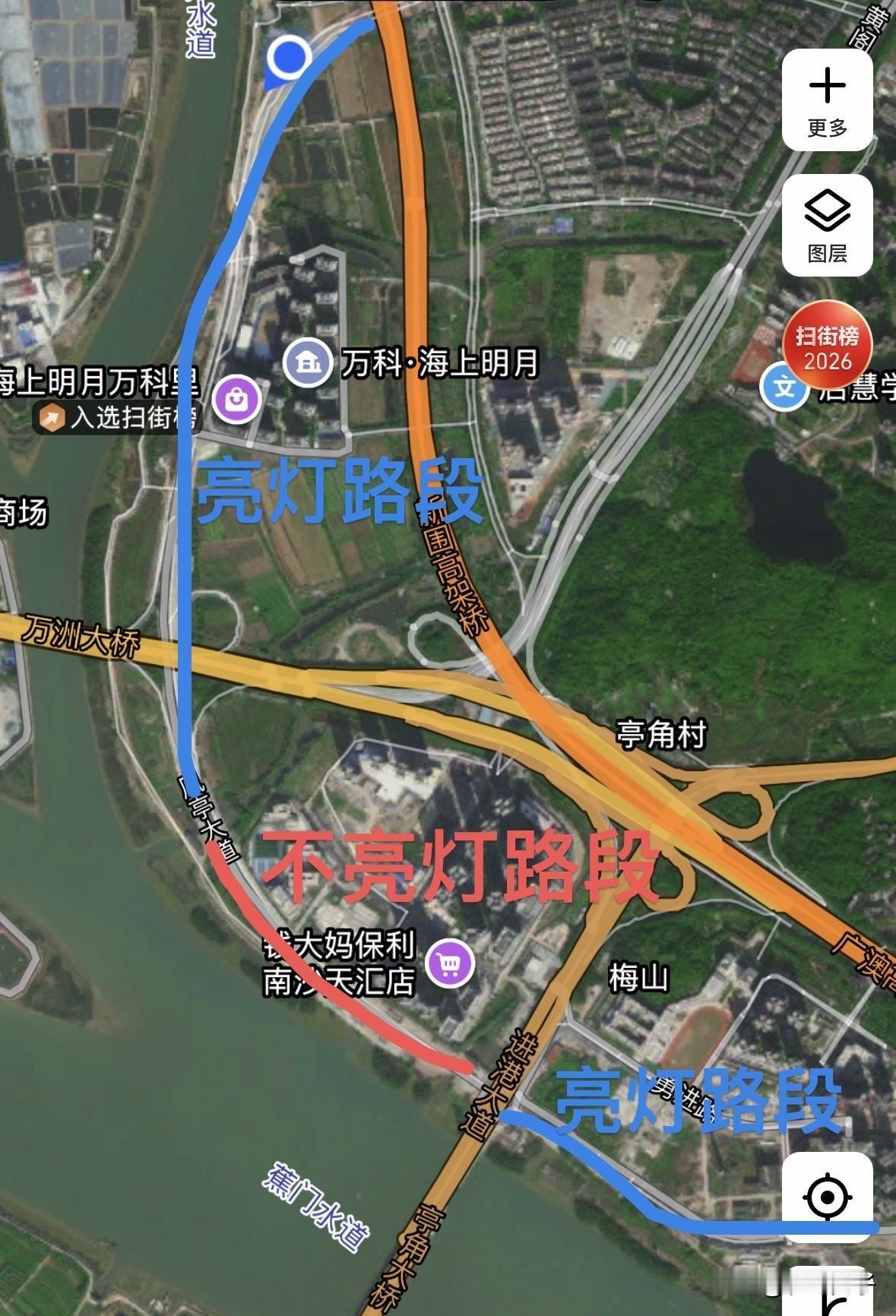什么情况？凤亭大道这几百米路段灯光出现故障了？

亭角的南沙天汇小区对出路段的路