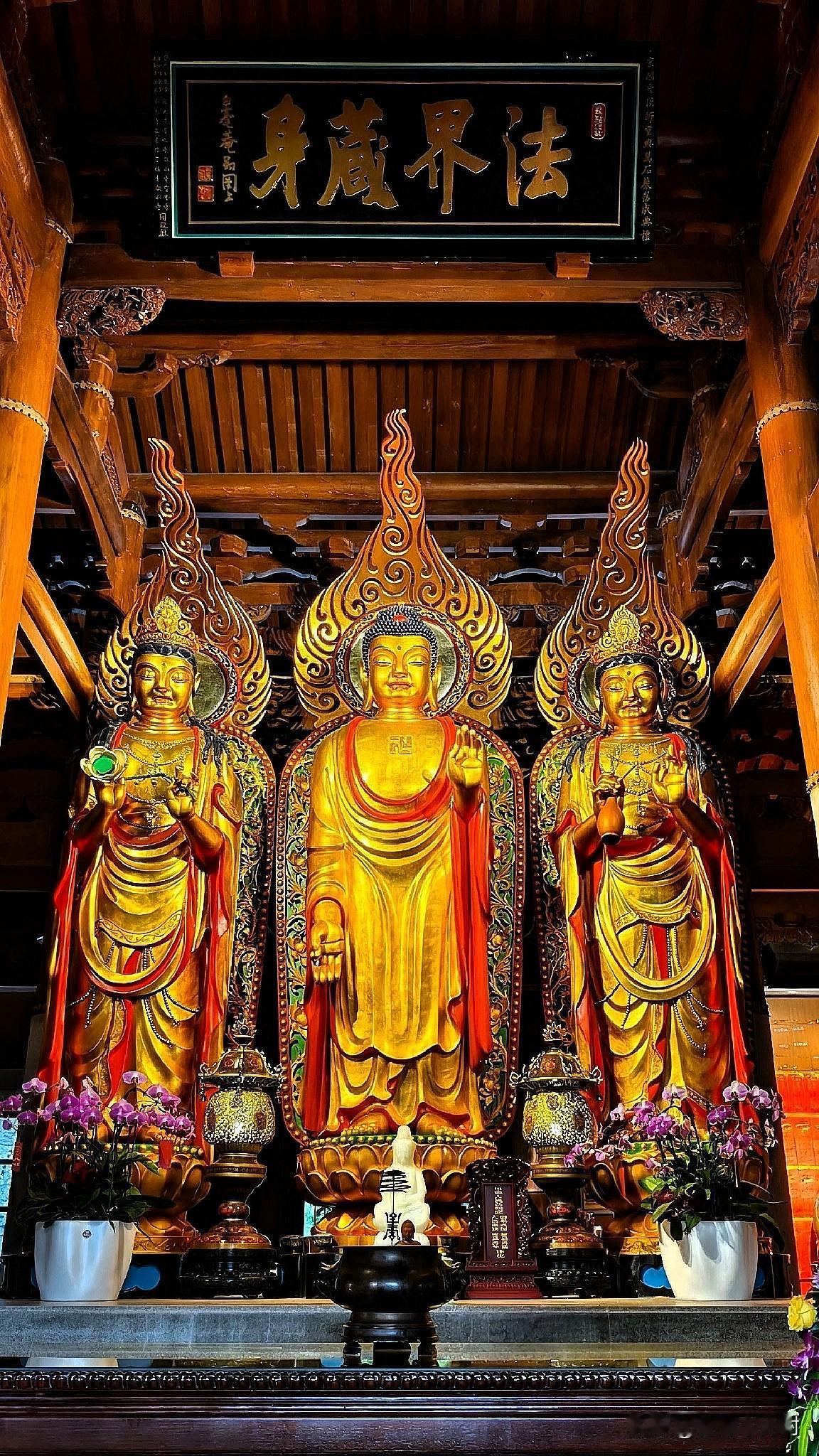 法界藏身：金色庄严下的西方三圣
 
匾额题书“法界藏身”，四字鎏金，墨底生辉，在