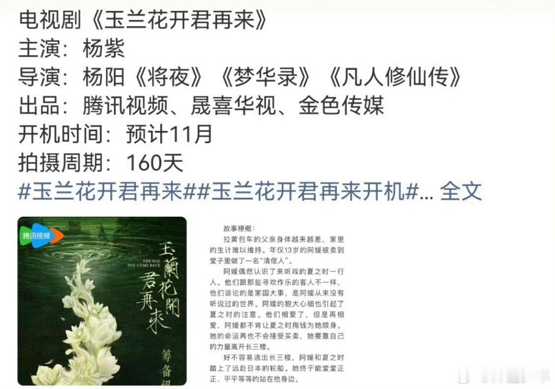 杨紫粉丝预言成真 电视剧《玉兰花开君再来》主演官宣杨紫！由《梦华录》导演杨阳执导