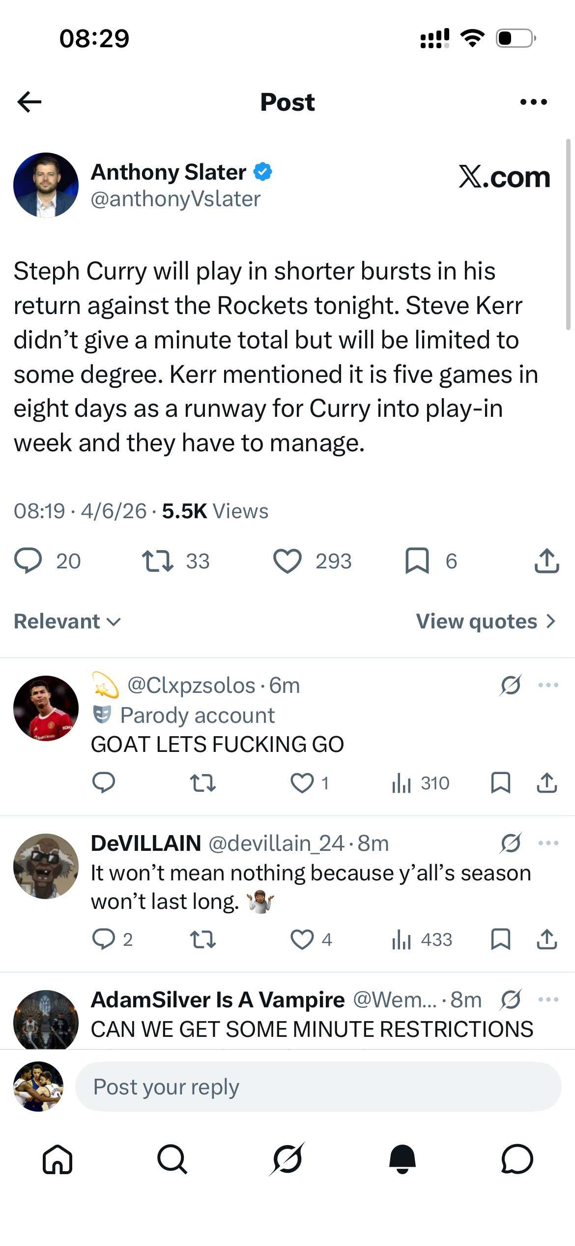 斯蒂芬·库里在今晚对阵火箭队的复出首秀中，将采取短时间轮换的出场模式。主教练史蒂