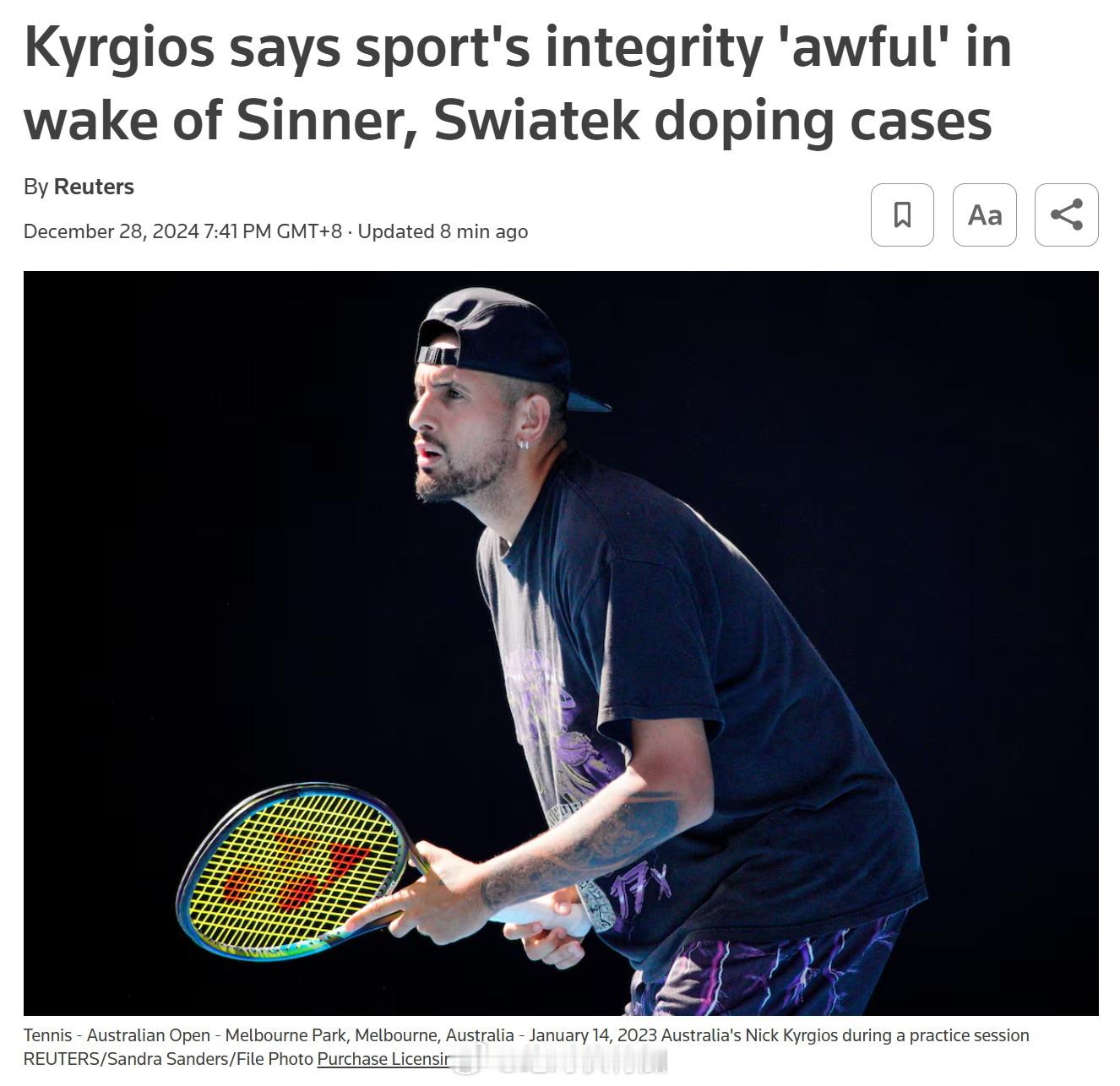 克耶高斯称，辛纳和斯瓦泰克涉嫌兴奋剂事件后，体育界诚信度“糟糕透顶” 网球  反