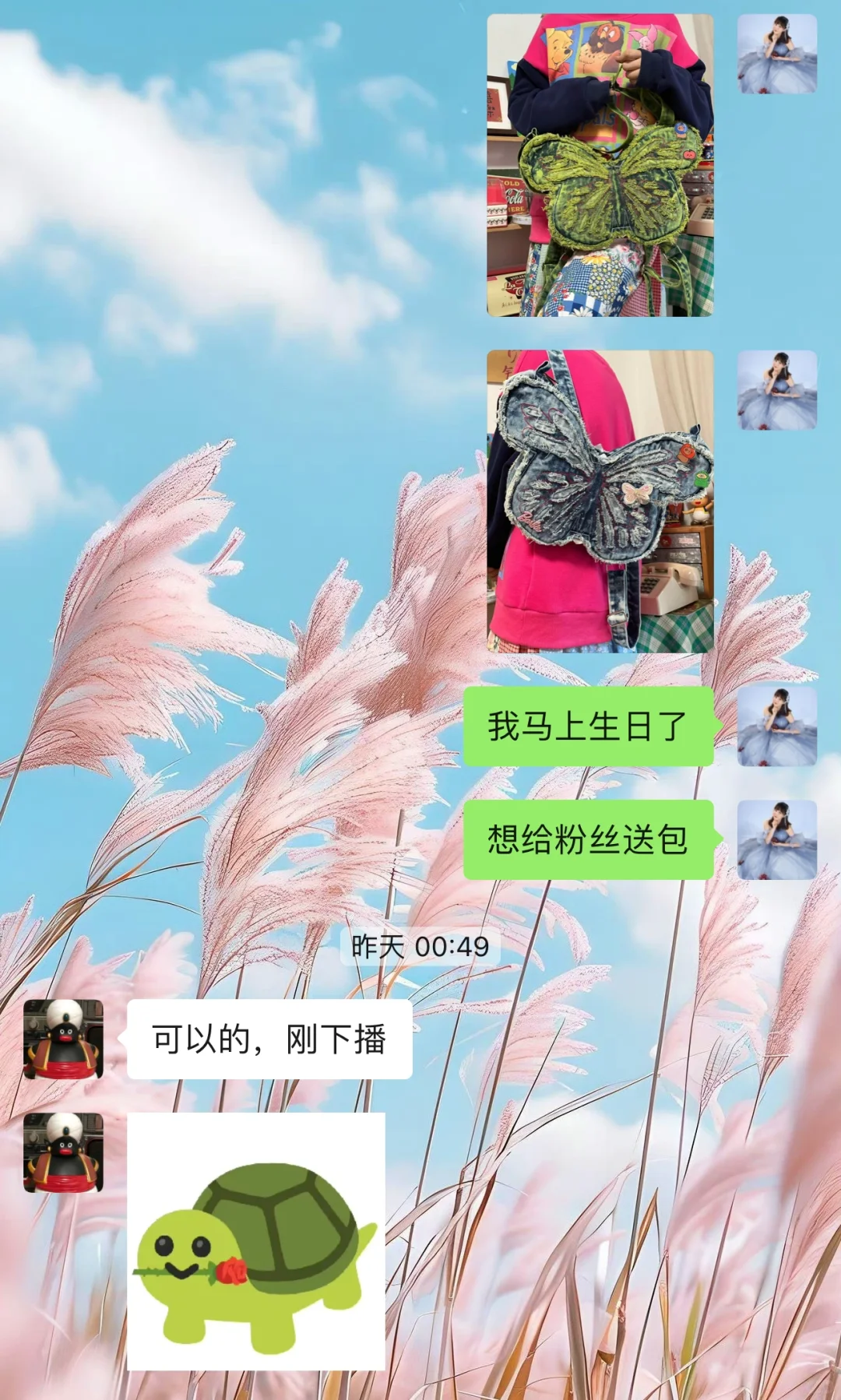 我生日的时候给老婆们的第一个礼物。 他们原创的蝴蝶包包，我觉得甚是可爱...