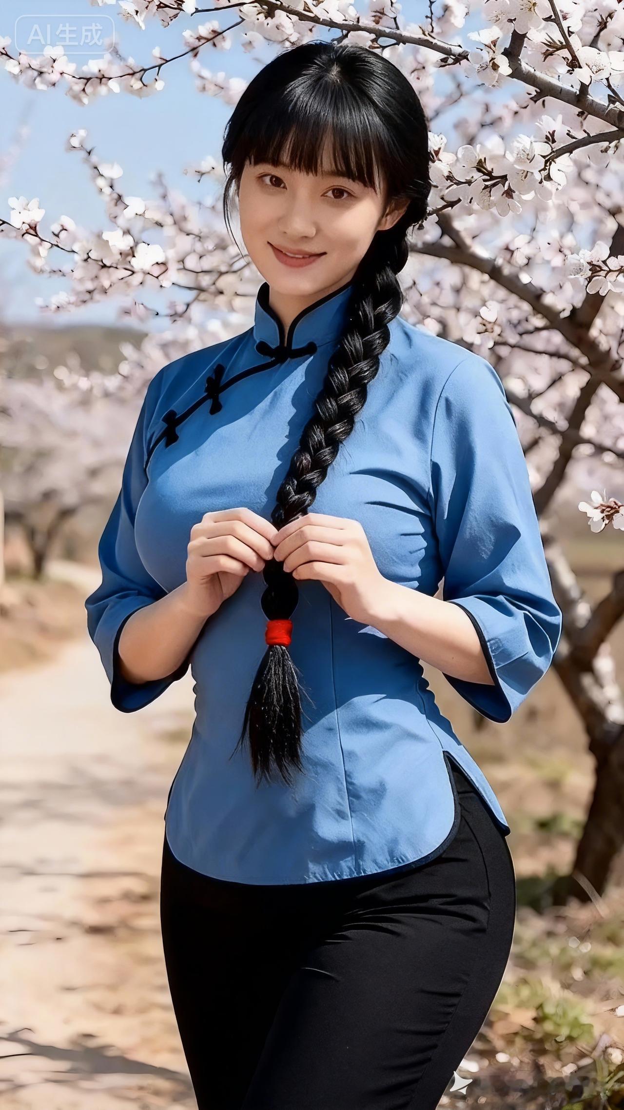 樱花树下，蓝衣少女，笑靥如花！