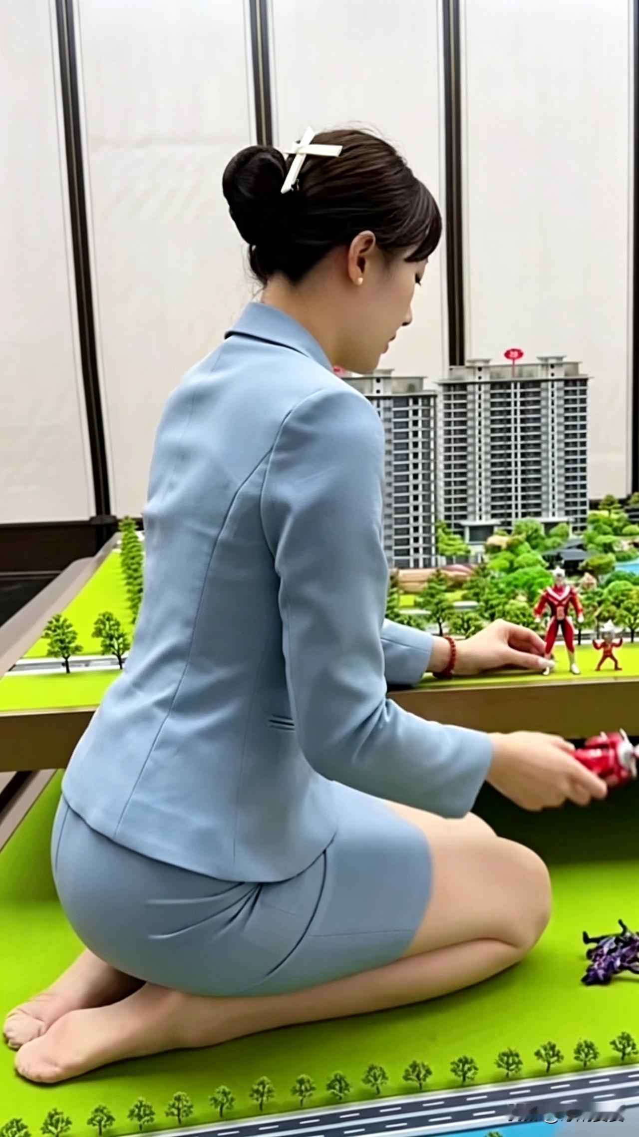售楼小姐姐童心未泯， 工作间隙玩玩小摆件，死板的楼盘沙盘，一下子就多了几分可爱的
