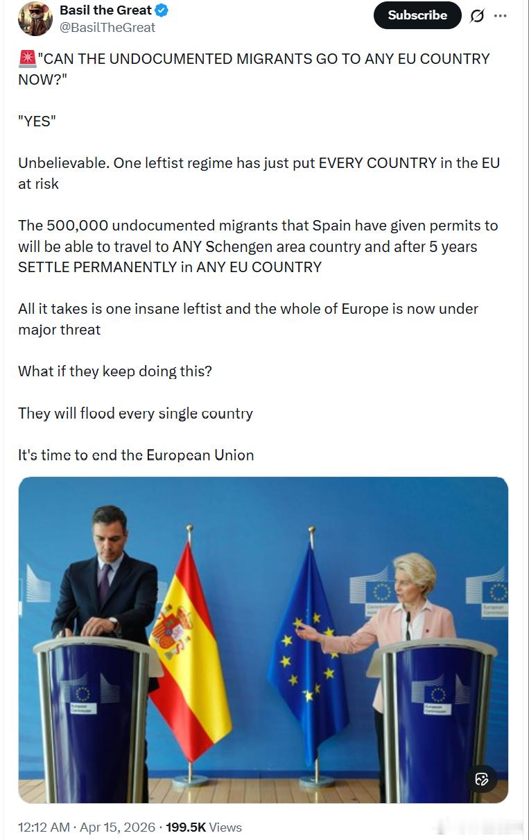 “无证移民现在可以去欧盟任何国家了吗？”“可以！”难以置信。一个左派政权刚刚让欧