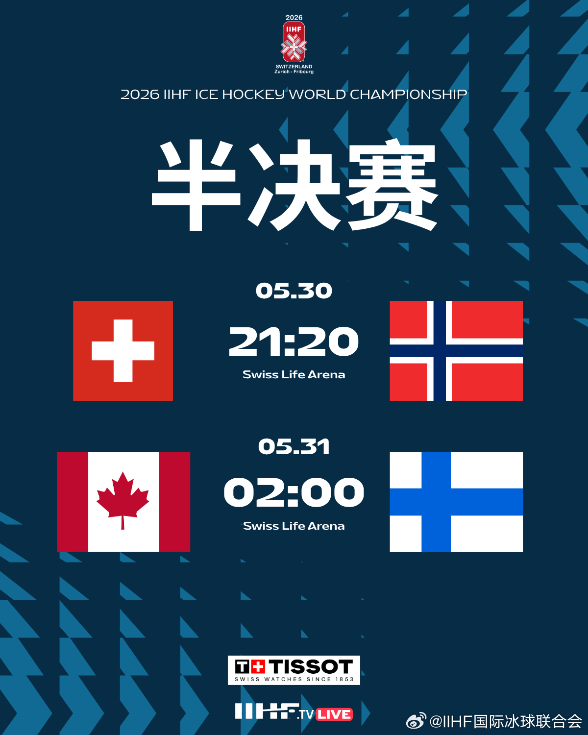 2026男子冰球世锦赛 半决赛对阵及时间（北京时间）👇瑞士🇨🇭 vs 挪威