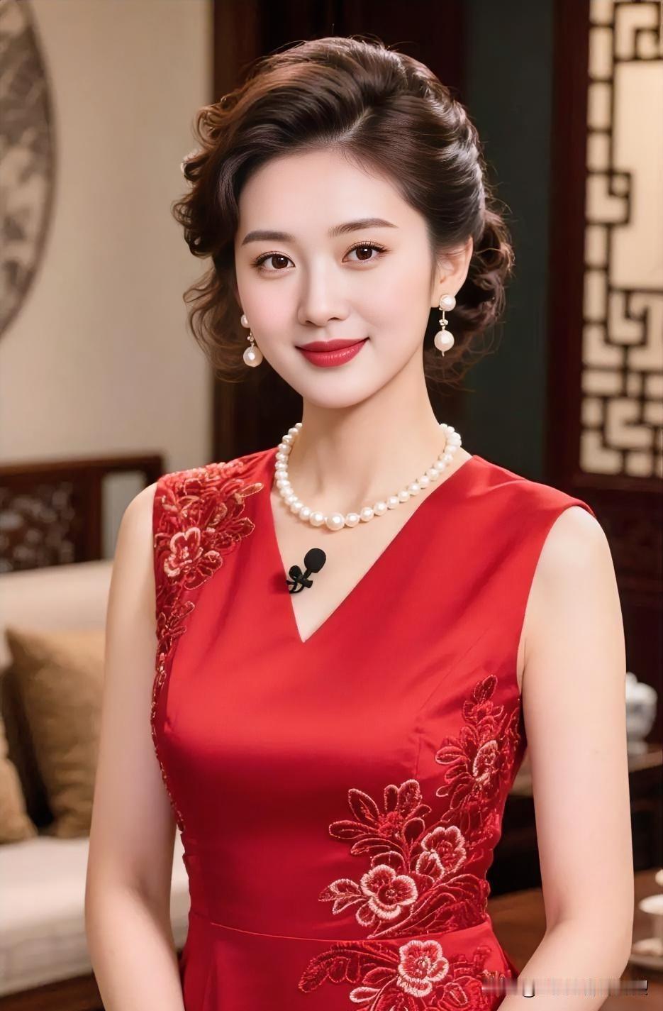 一袭红裙配珍珠，复古卷发精致妆容。中式屏风前，端庄优雅，尽显成熟女性的温婉魅力。