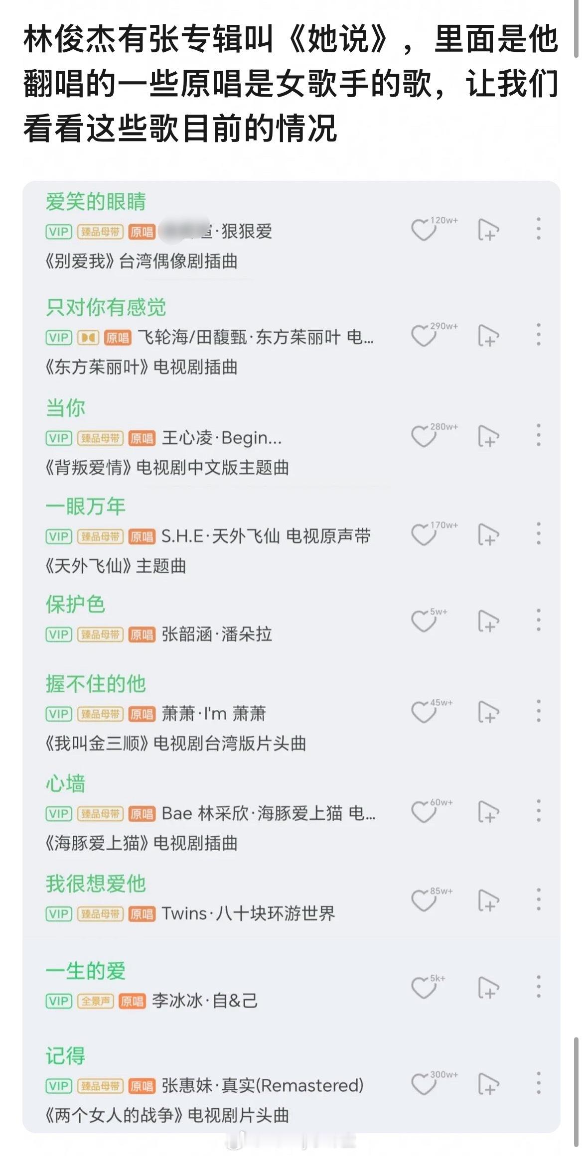 林俊杰有张专辑叫《她说》，里面是他翻唱的一些原唱是女歌手的歌，来看看这些歌目前的
