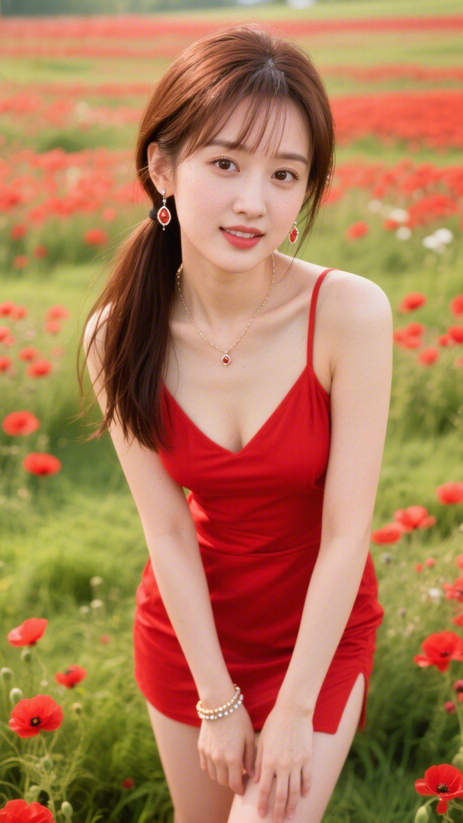 《野间红》
 
风裹着草木的潮气漫过花田时，她正蹲在丛间轻拢鬓发。赤色衣裙落在绿