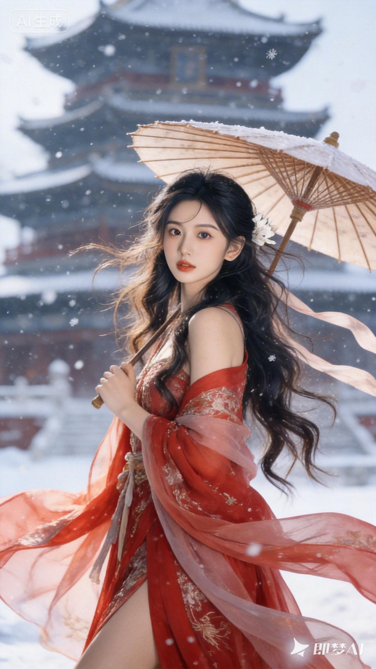 中式古典美人，撑油纸伞，漫天大雪，着集世界顶级工艺于一身、由顶级服装设计大师设计