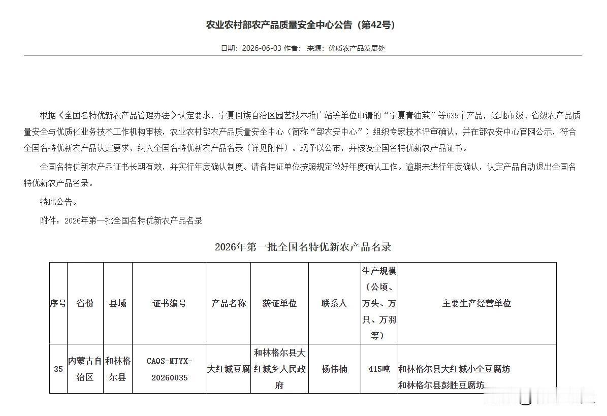 好消息啊，俺们大红城的豆腐上榜了！
在农业农村部农产品质量安全中心公布的新一批全