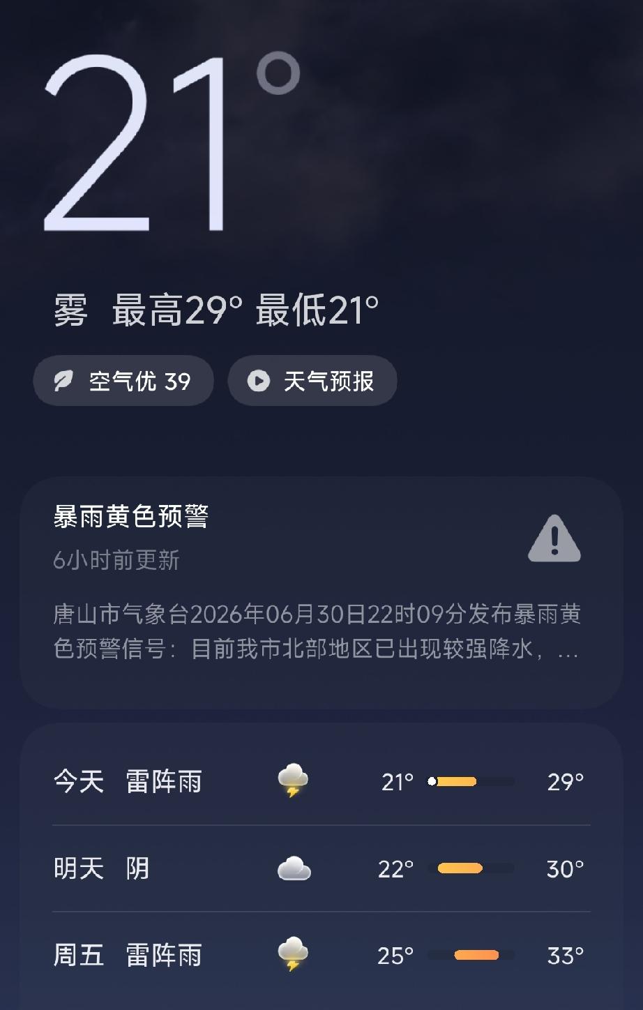 今天唐山的天气显示：雷阵雨，空气质量优，温度：21℃到29℃。
爱上大唐山：事发