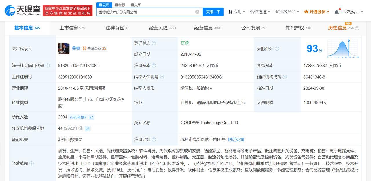 固德威增资至2.4亿
天眼查App显示，近日，固德威发生工商变更，注册资本由约1