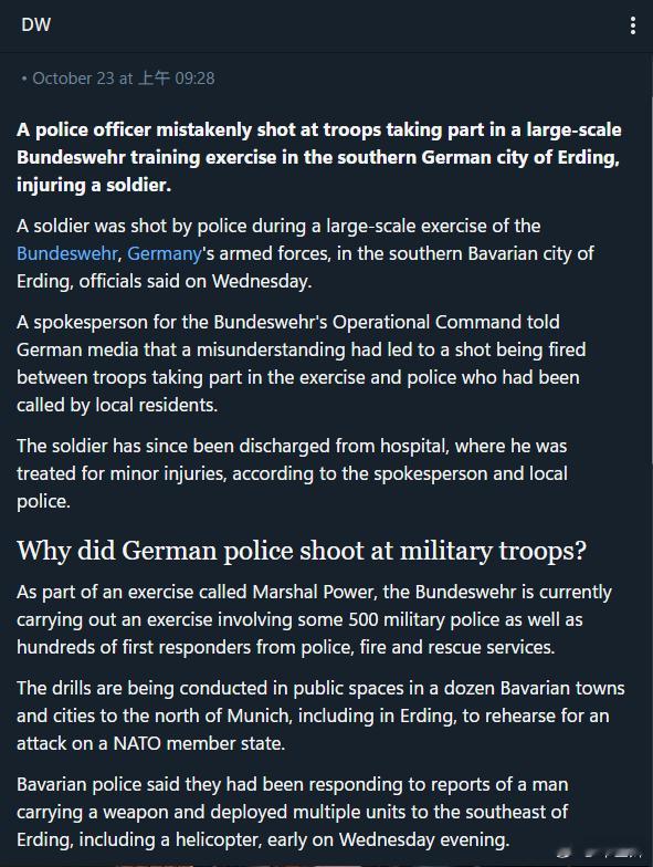 這個你編劇都寫不出來...「在德國南部城市埃爾丁，一名警察誤射正在參加德國聯邦國