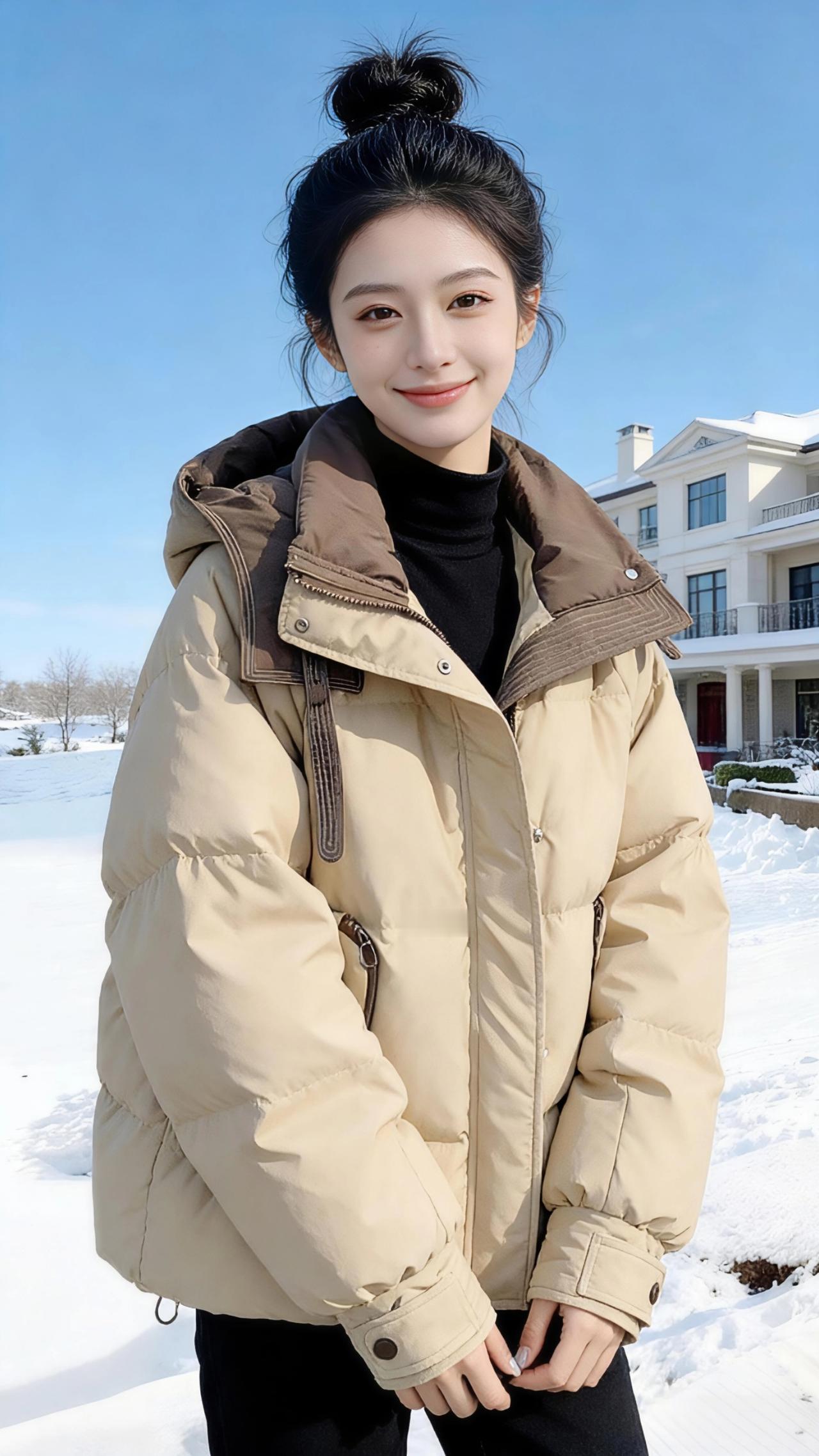 暖咖羽绒遇雪时
 
冬日的雪裹着庭院里的白，洋房的尖顶落满碎琼，而那抹暖咖色的羽