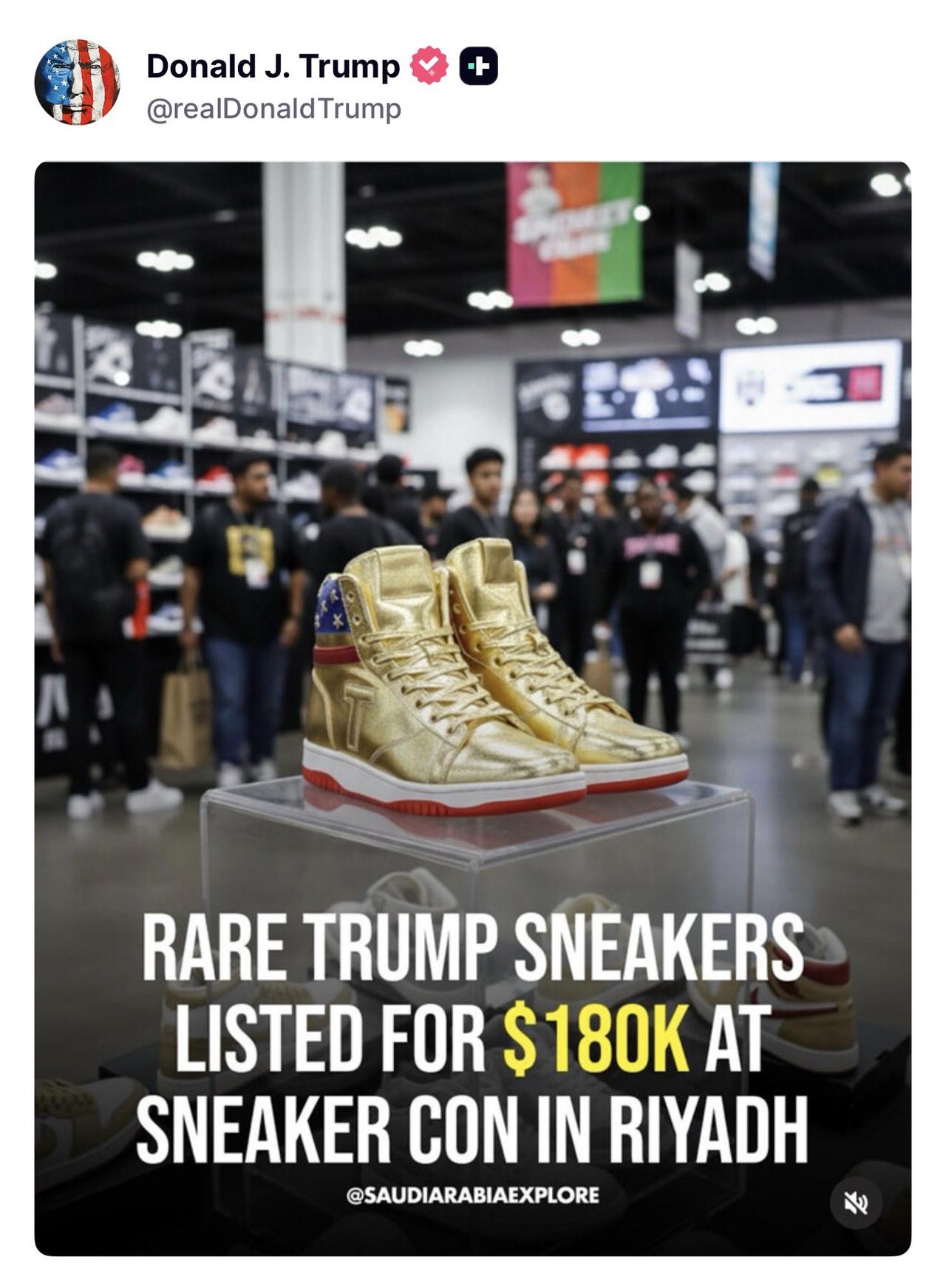 特朗普在社交平台发帖称，沙特阿拉伯商场出售标价18万美元“罕见的特朗普运动鞋”。