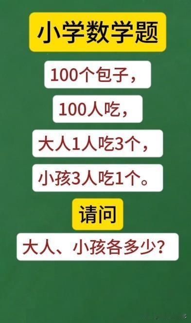100个包子，100人吃，大人1人吃3个，小孩3人吃1个。大人、小孩各多少？
很