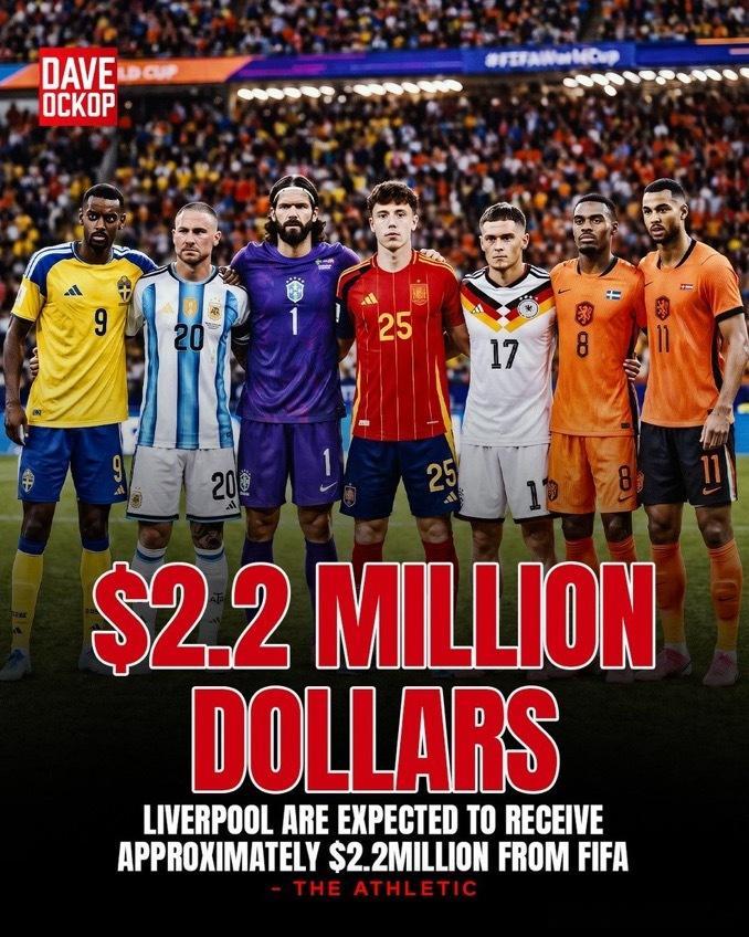 利物浦预计将获得约220万美元（166万英镑）的补偿款，在所有俱乐部中排名第15