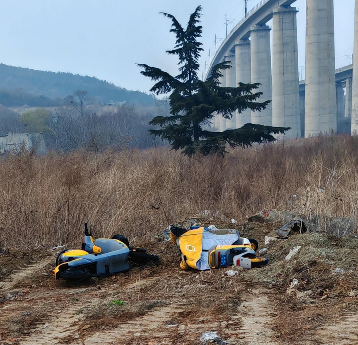 垃圾场的被扔掉共享摩托车
        春天来了，到郊区遛遛弯，看看风景，结果