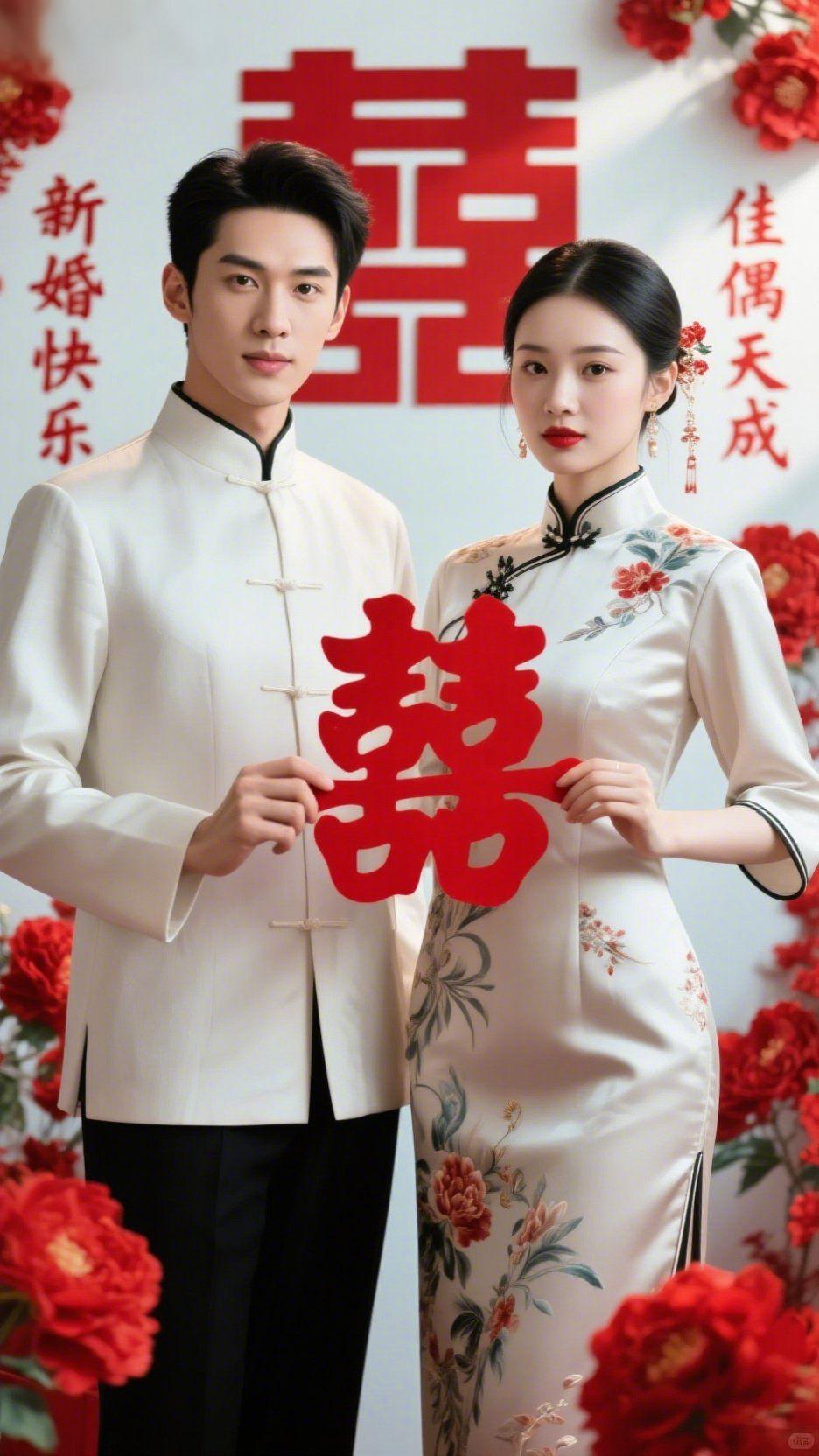 锦衫红囍，新程向暖
 
象牙白的中式褂子衬着挺括肩线，盘扣轻合间裹着温雅的气；绣