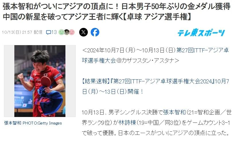 日本媒体又把张本智和吹上天了，没想到的是

1.没想到张本智和拿到了亚乒赛男单冠