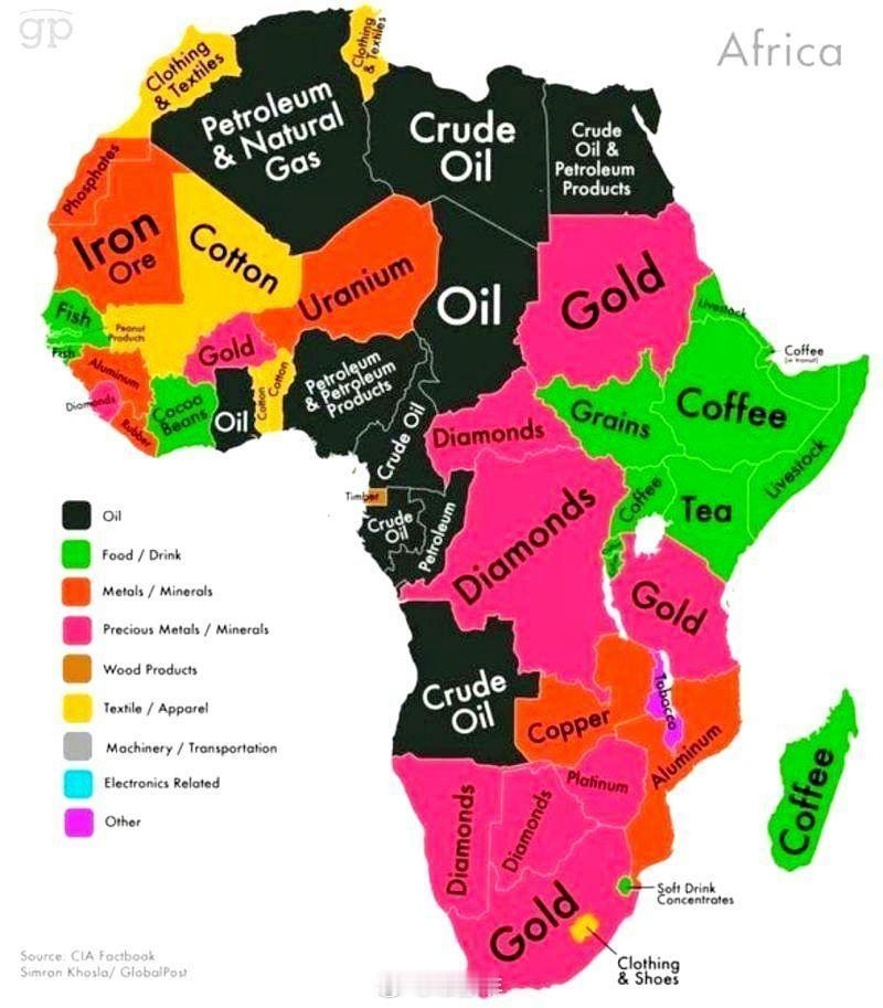 🌍 非洲资源分布图⛽ 石油和天然气：尼日利亚、安哥拉、利比亚、阿尔及利亚 💎