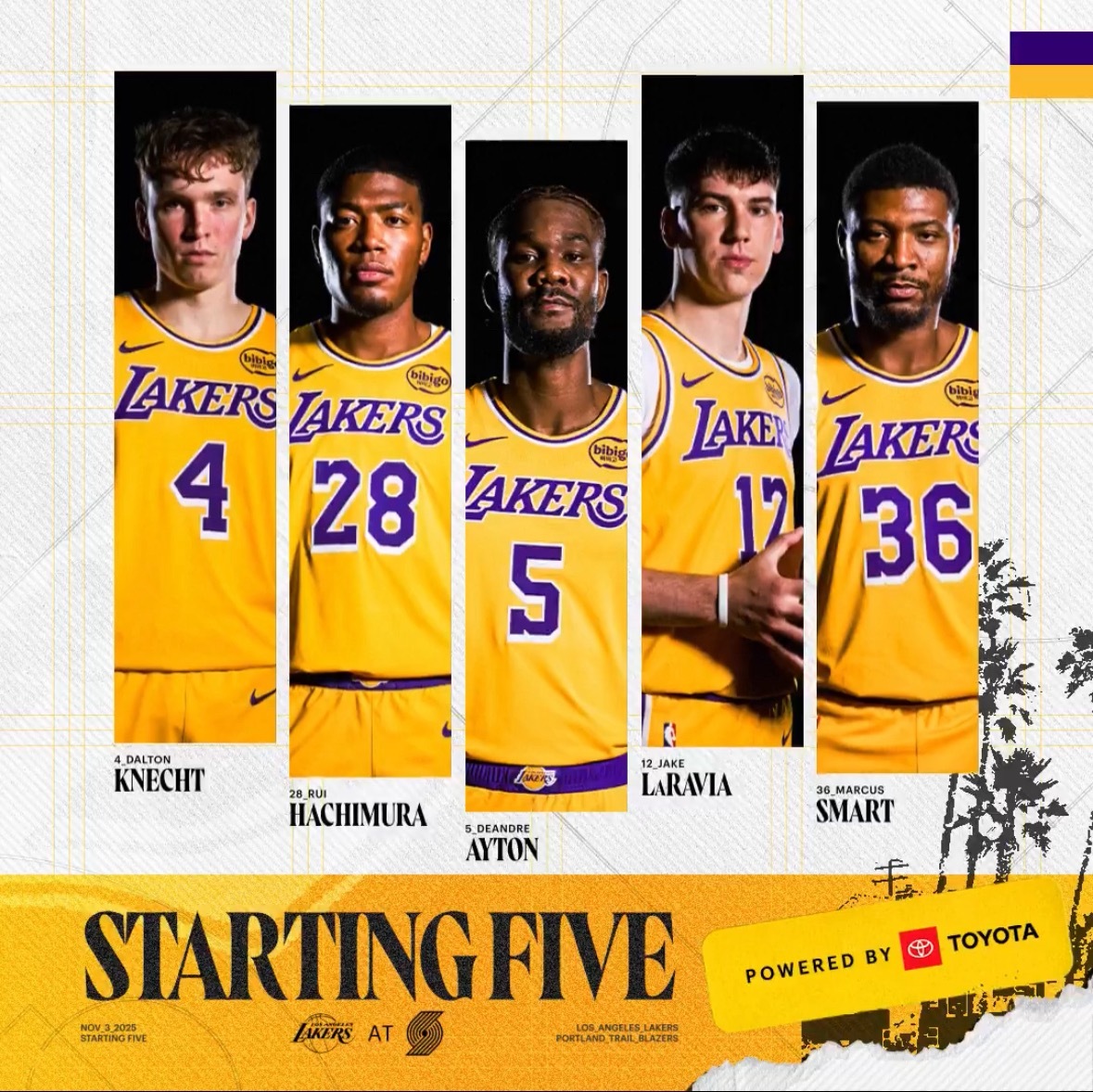 湖人首发：斯玛特、克内、拉拉维亚、八村塁、艾顿 开拓者首发：霍勒迪、夏普、卡马拉