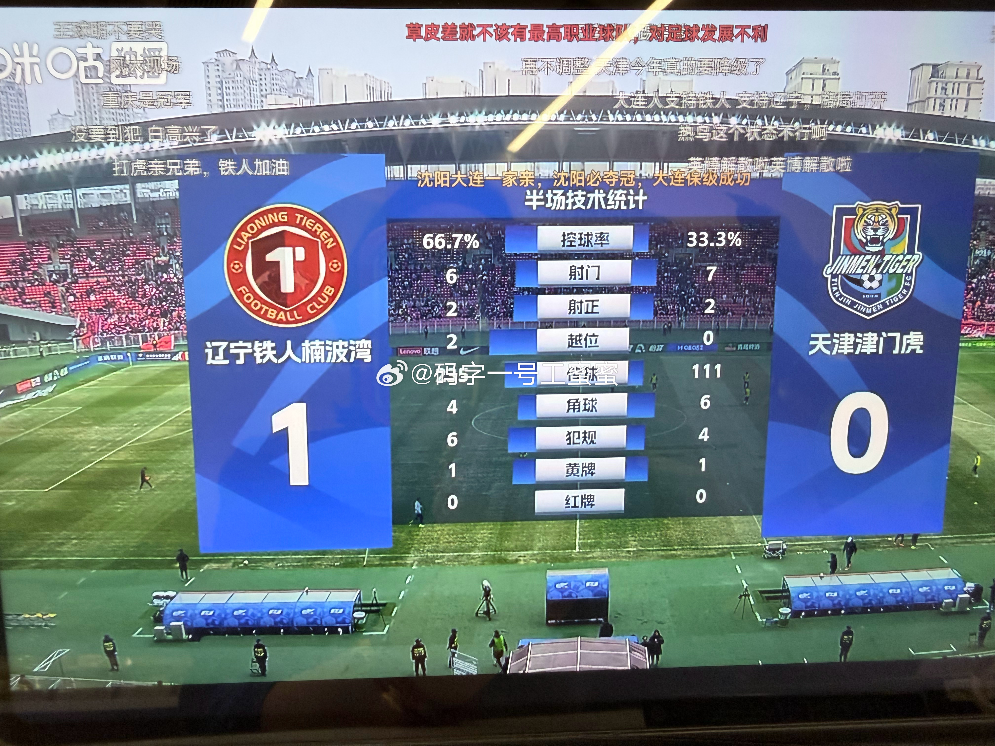 这场半场数据，辽宁优势很大啊中超联赛辽宁铁人vs天津津门虎