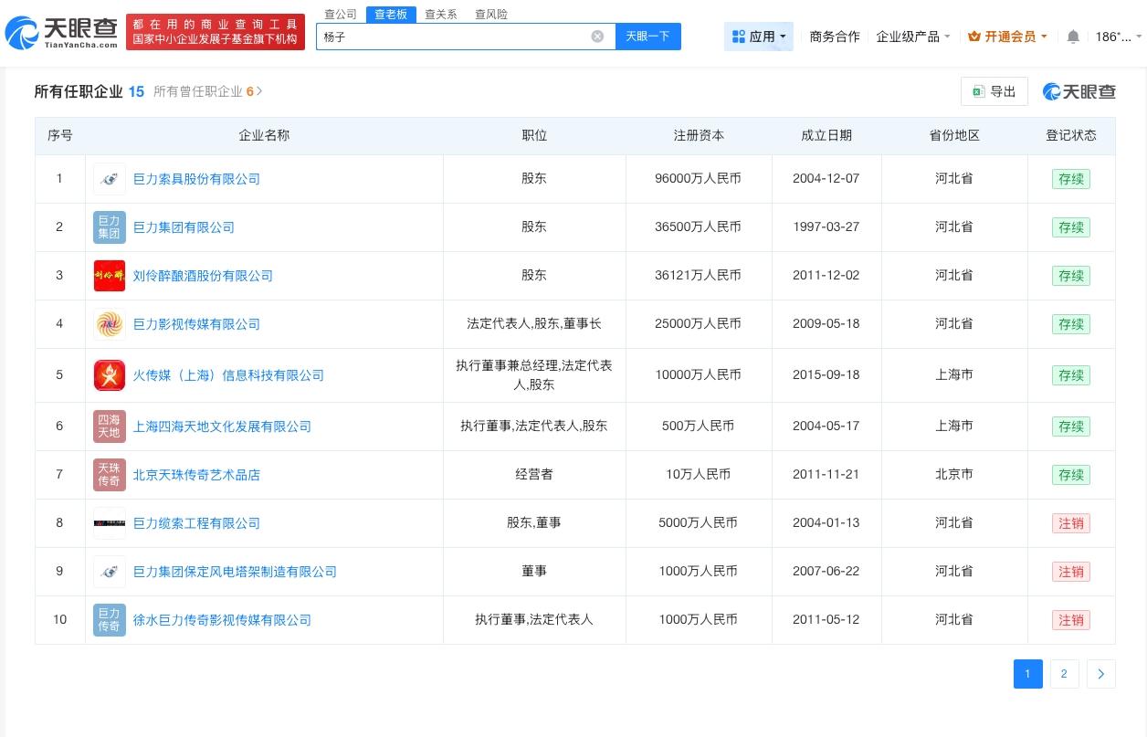杨子名下关联15家企业
杨子名下多家公司已注销
天眼查App显示，杨子名下共关联