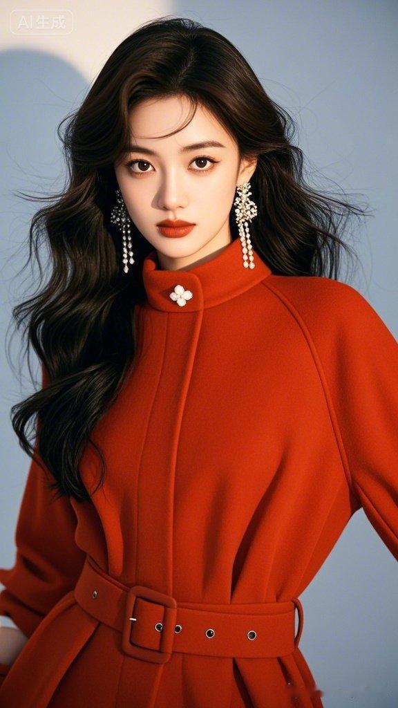 优雅红衣少女，复古耳环点缀，尽显时尚魅力！