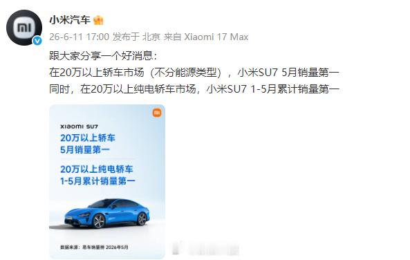【小米SU7再获销量第一 】发文称：跟大家分享一个好消息：在20万以上轿车市场（