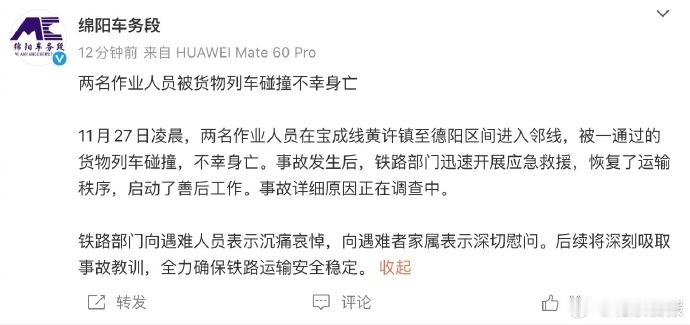 【绵阳车务段通报2人被通过列车撞亡】11月27日，发布两名作业人员被货物列车碰撞