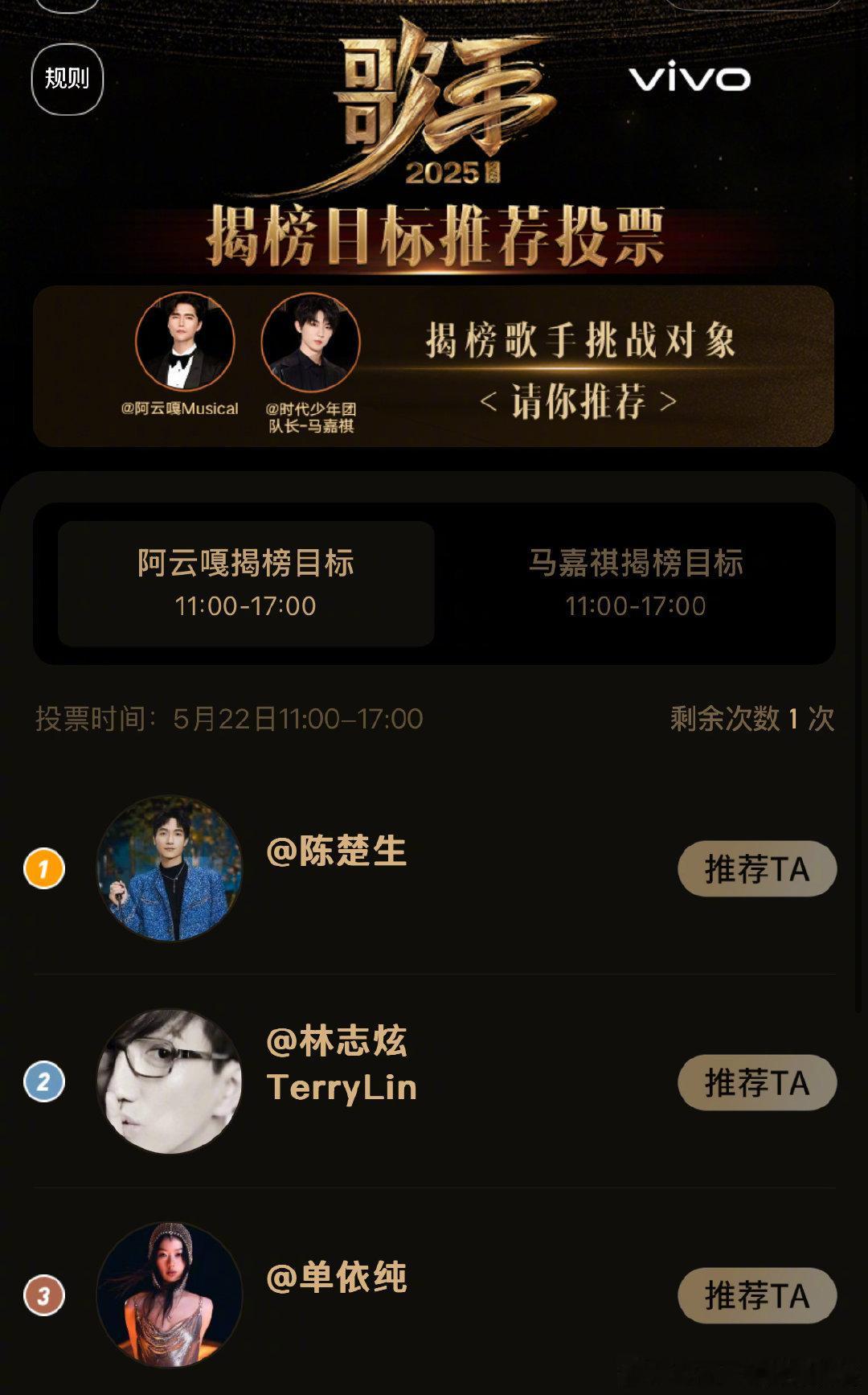 阿云嘎、马嘉祺歌手揭榜已揭晓阿云嘎在陈楚生、林志炫、单依纯里面三选一马嘉祺在白举