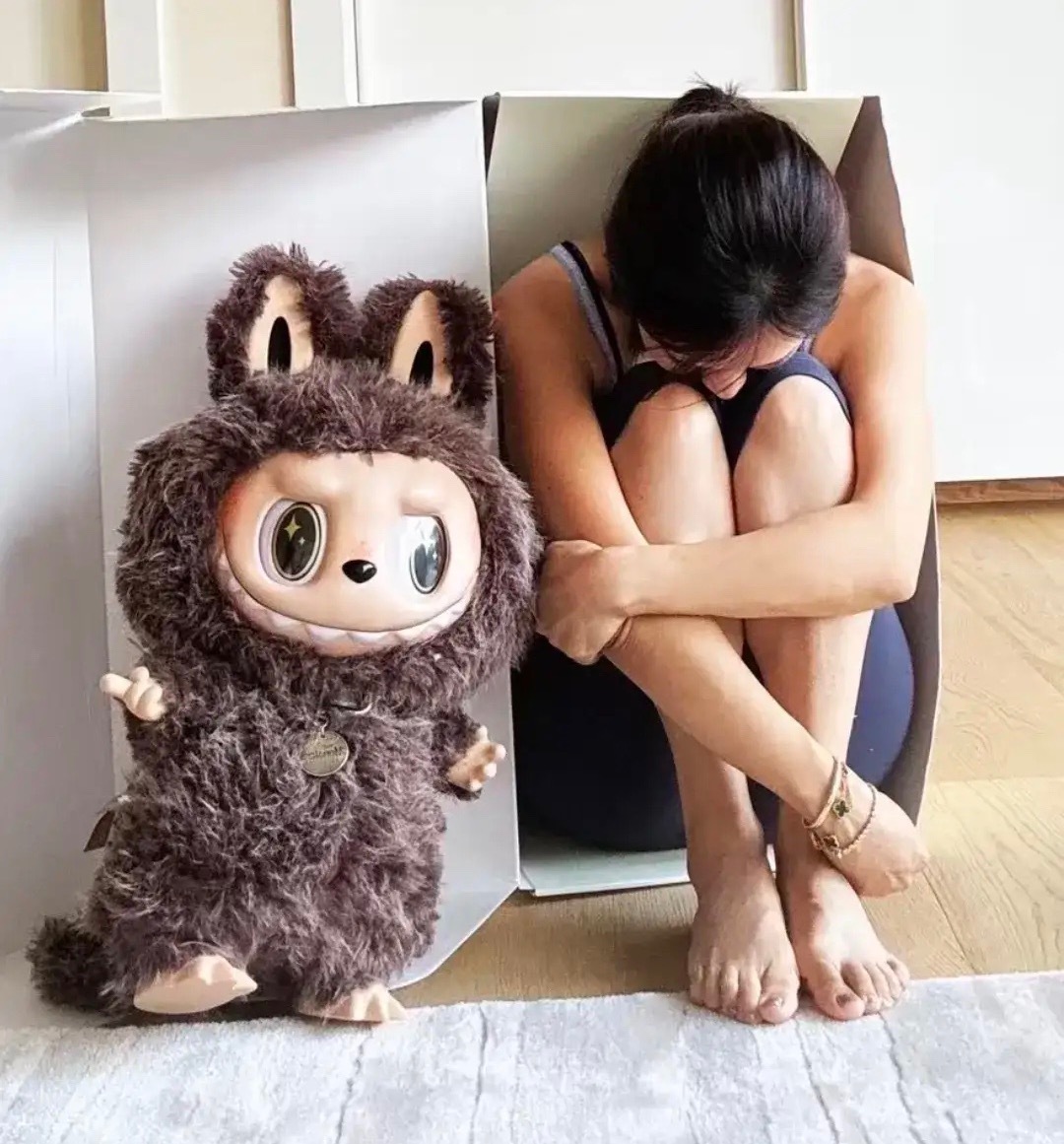 李念晒新买的Labubu，6个小号，2个大号，包装盒大到能把她装进去，阔太也开始