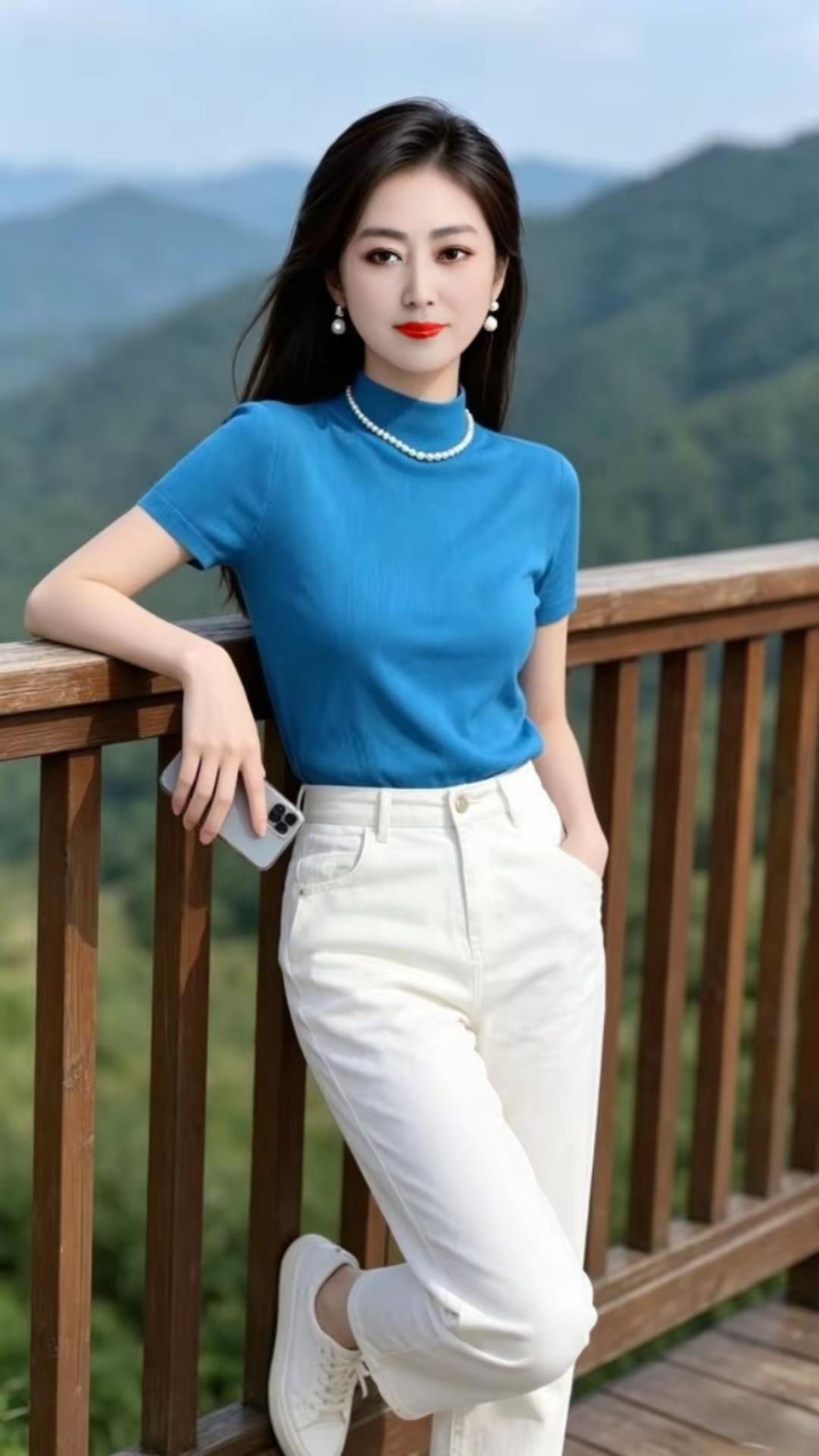 蓝白撞色，清新自然，轻松出街！🌞💙👗👖👟